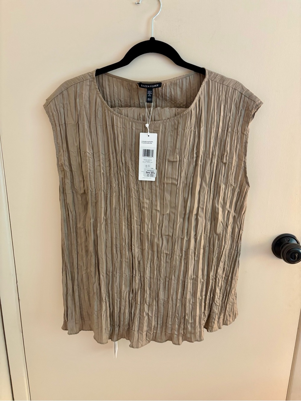 NEW Eileen Fisher Crinkled Scoop Neck Shell & Pant Set - Beige Sz S